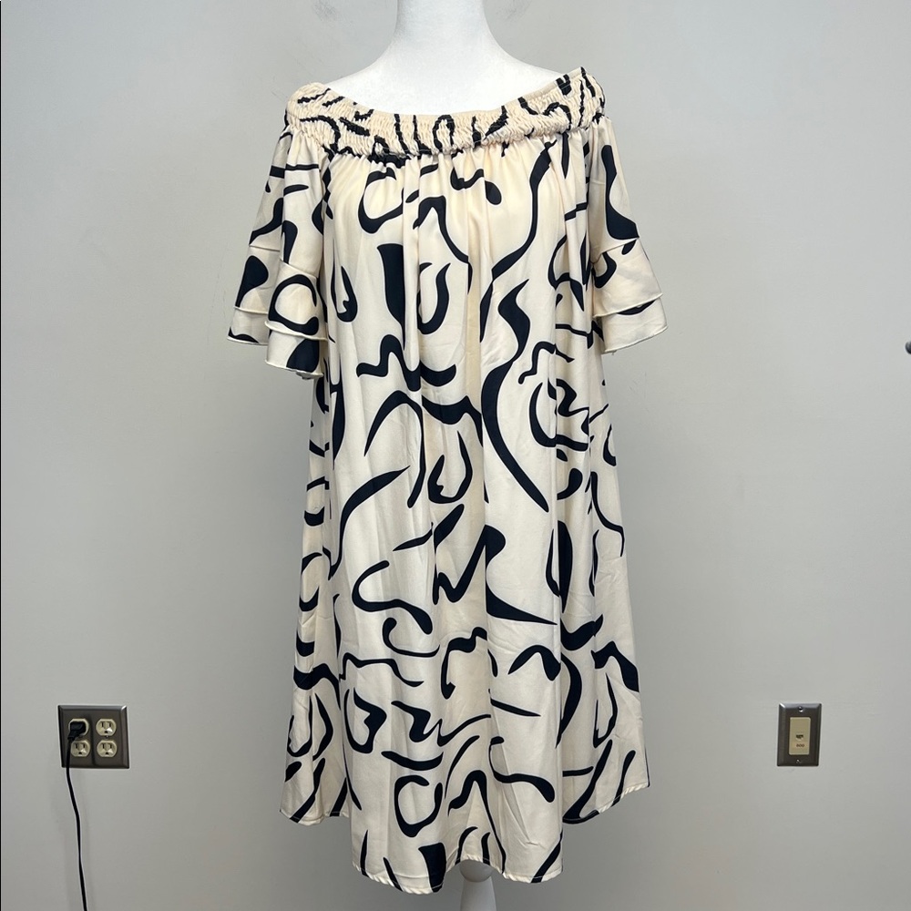 Joress Curve Women's Elegant Black & Off-white Off-Shoulder Midi Dress Size 1XL